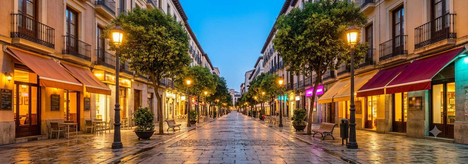 Calle peatonal comercial al anochecer, con farolas encendidas, toldos, terrazas y escaparates iluminados
