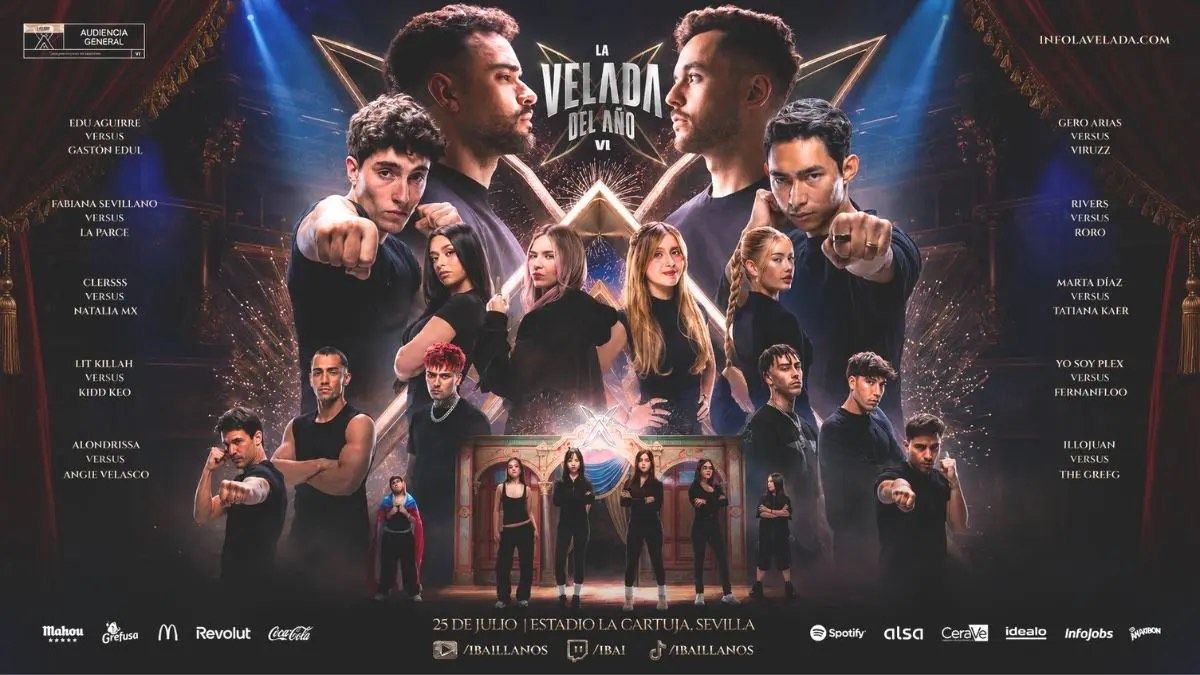Cartel oficial de La Velada del Año VI con los diez combates, la fecha y la sede, y una franja de logotipos de patrocinadores al pie en la que figura McDonald's